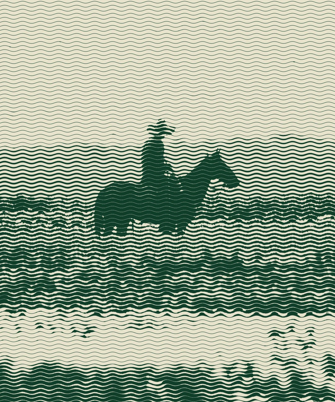 Green line engraving: a llanero on horseback, in a wide hat, in the middle of the flooded savanna at sunset
