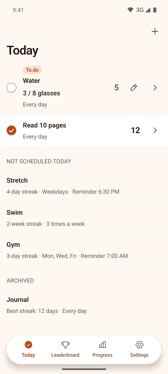 Rachi on a phone: the Today screen with the day's habits and their streaks