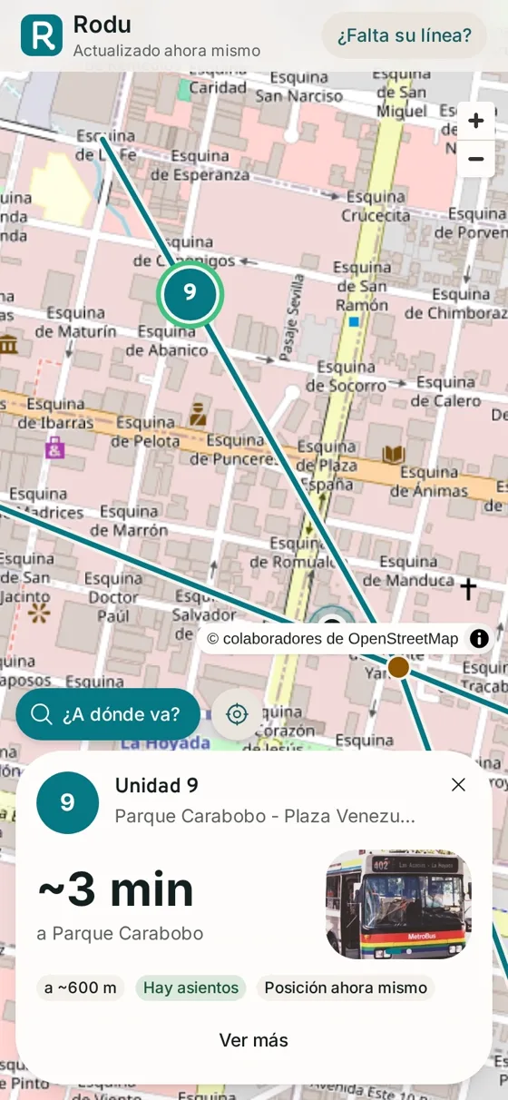 Rodu on a phone: unit 9 on the street map, about 3 minutes from Parque Carabobo, with seats available