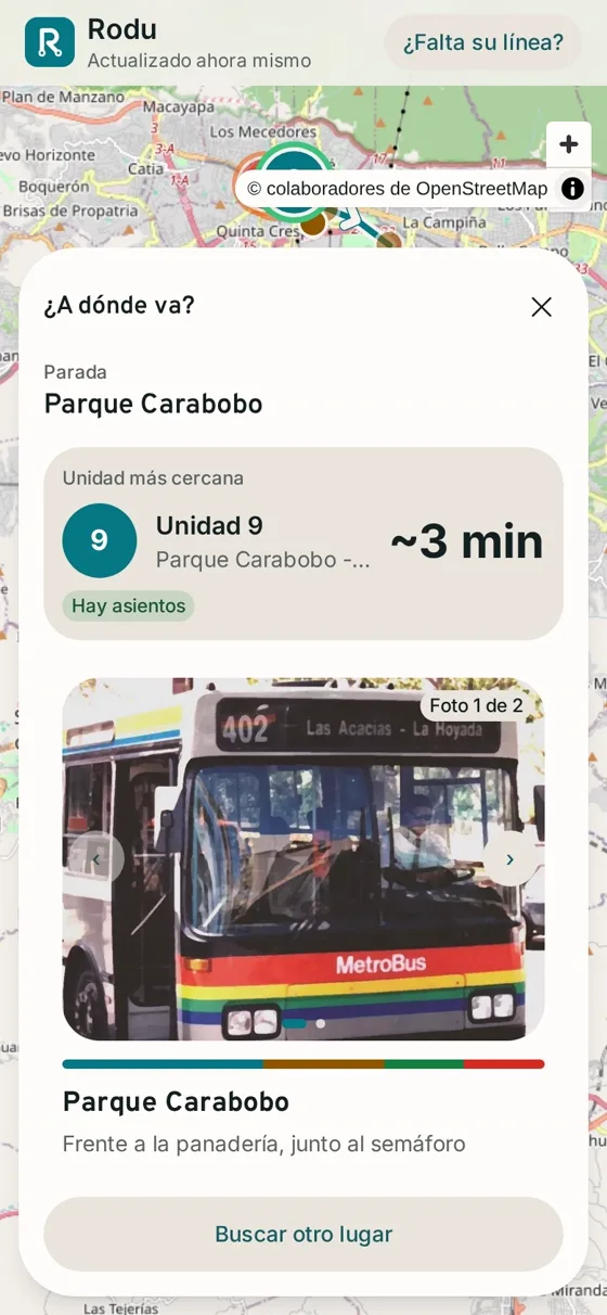 Rodu shows the Parque Carabobo stop, unit 9 about 3 minutes away and a photo of the stop